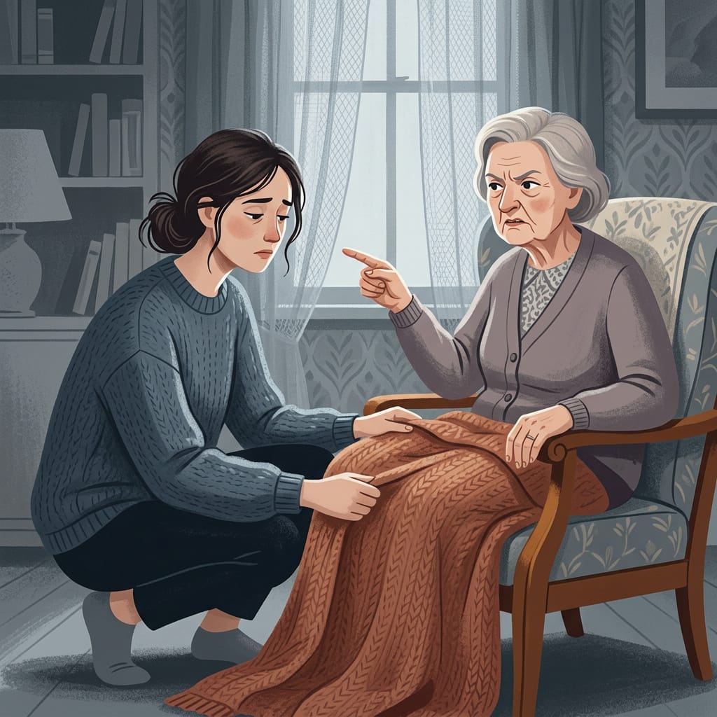 A scapegoat daughter caring for a demanding elderly parent