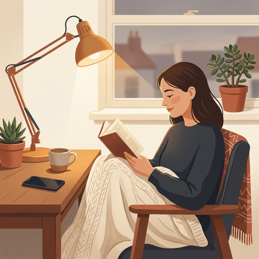 A person reading contentedly under a warm lamp, phone forgotten on the table