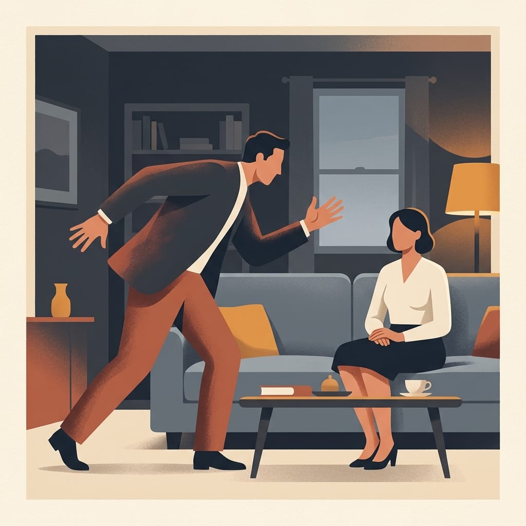 Inline scene of a raging partner while she stays calm and unbothered
