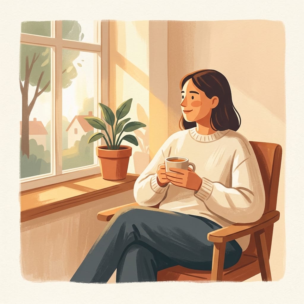 Inline scene of a woman at peace by a sunlit window with her tea