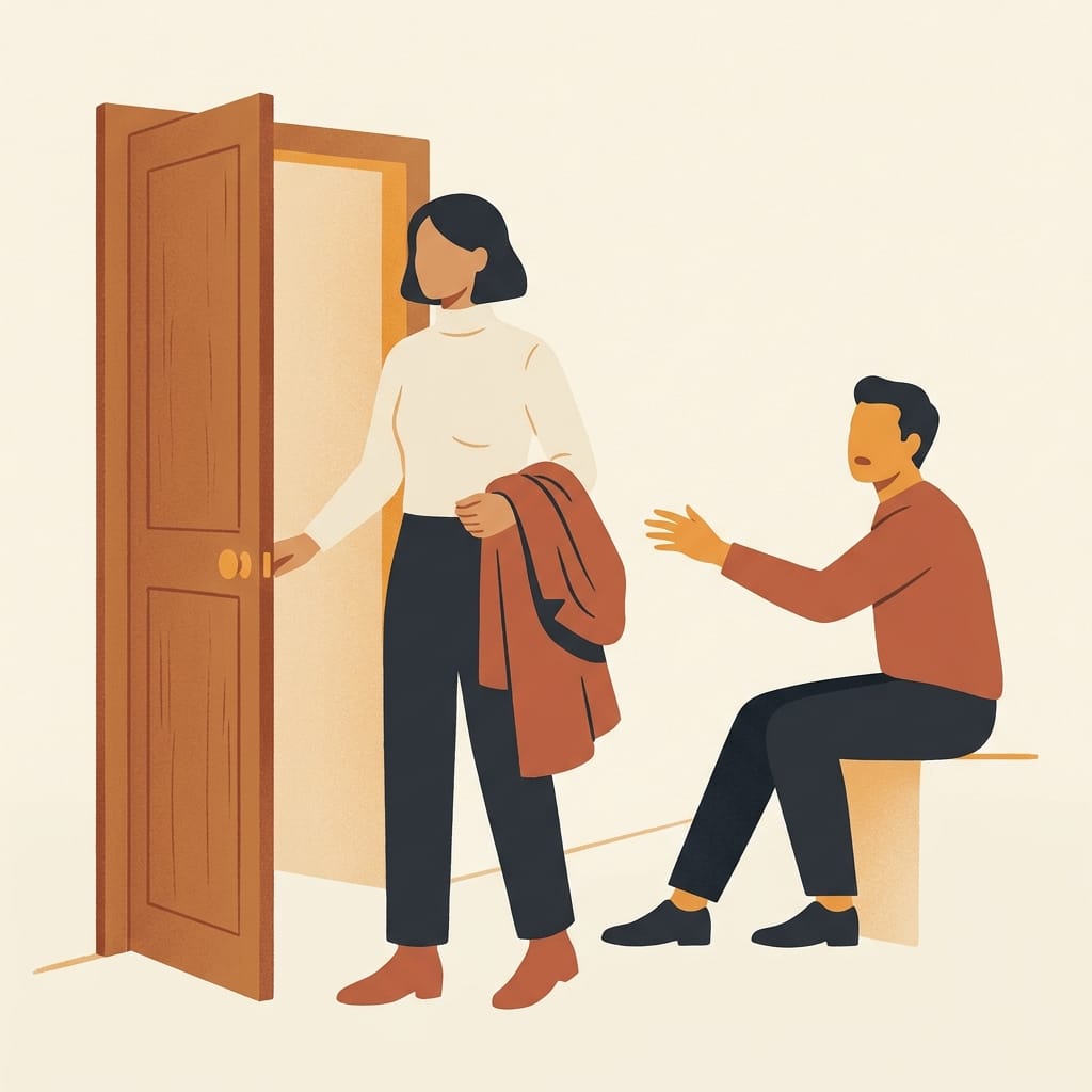 An introvert standing to leave, calm and resolved, as a narcissist reaches after them
