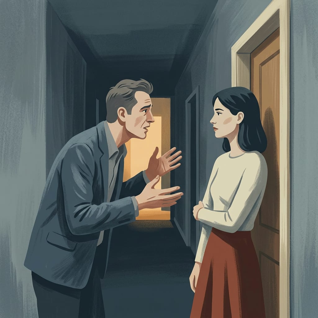 A narcissist pleading to stop her leaving while she stays quiet
