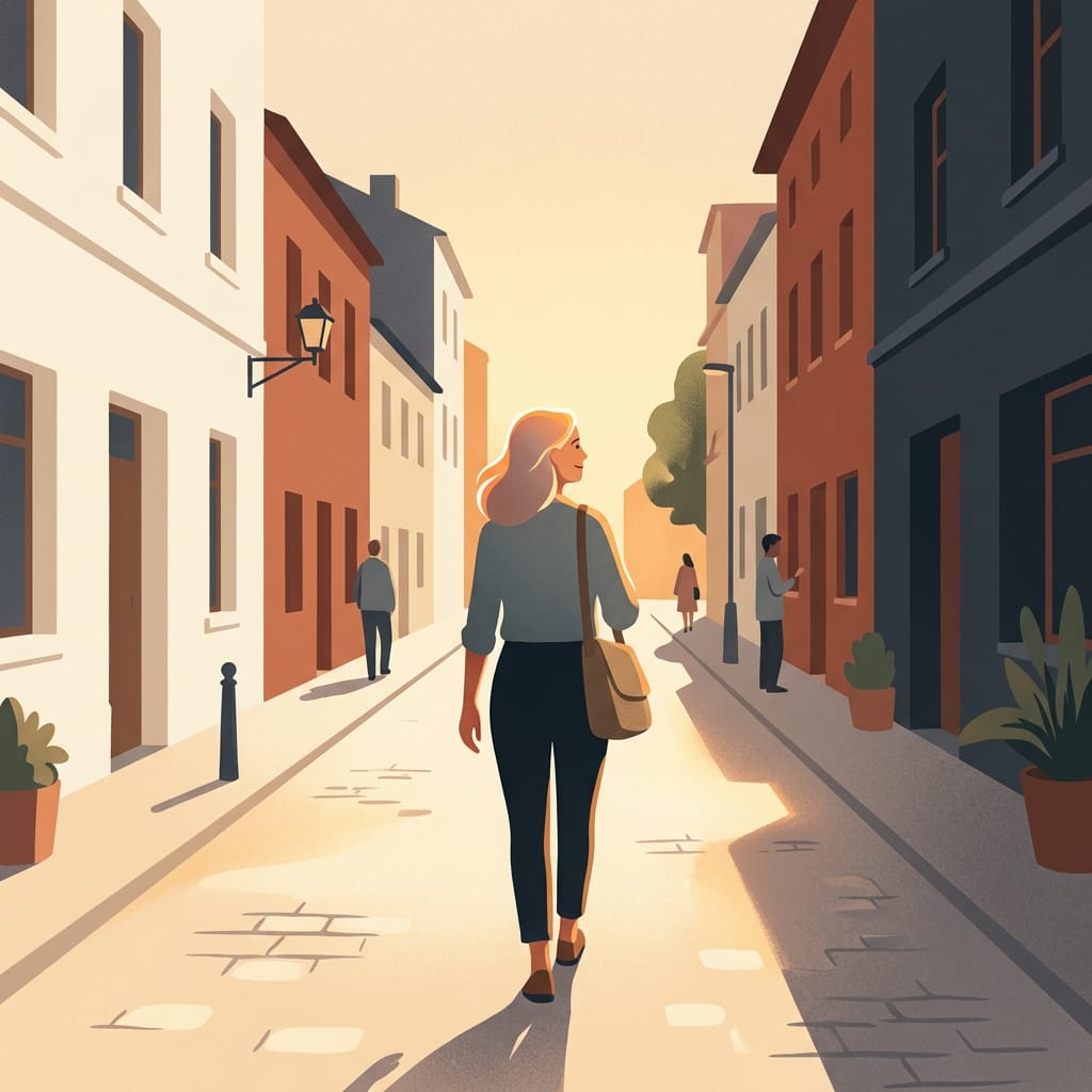 A woman walking a sunny street with her bag, free and calm