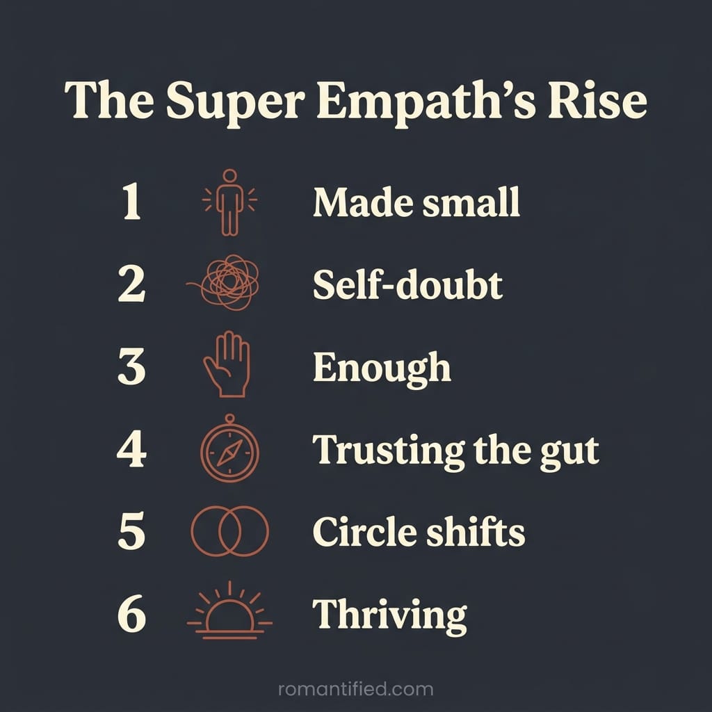 Overview infographic showing the super empath's journey from being made small to thriving.