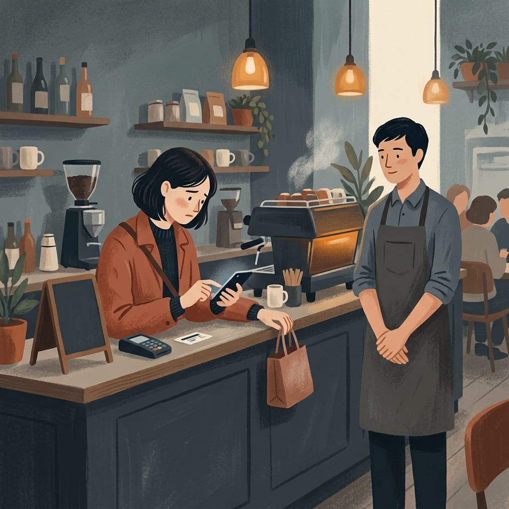 A woman at a cafe counter anxiously texting to ask which coffee to order while the barista waits.