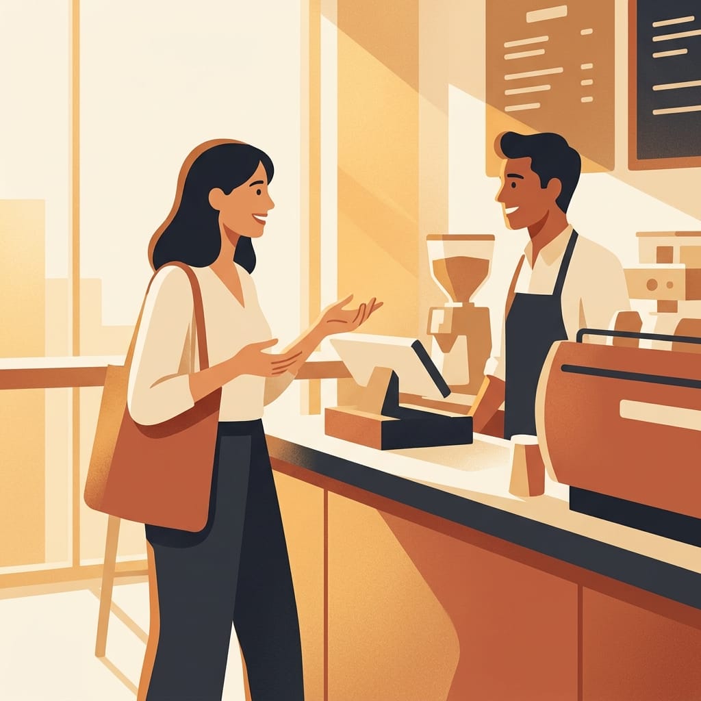 The same woman upright and at ease, ordering her own coffee directly with her phone put away.