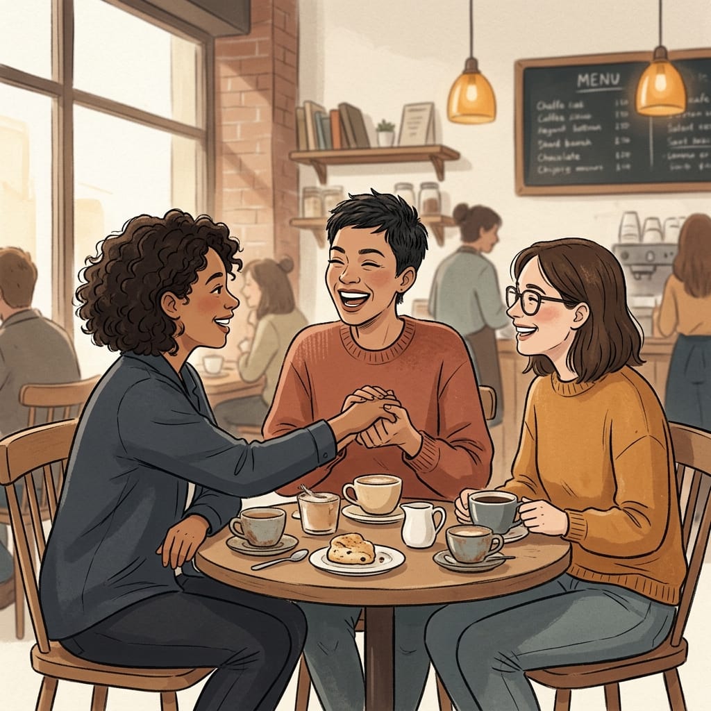 Inline scene of old friends reconnecting with her over coffee