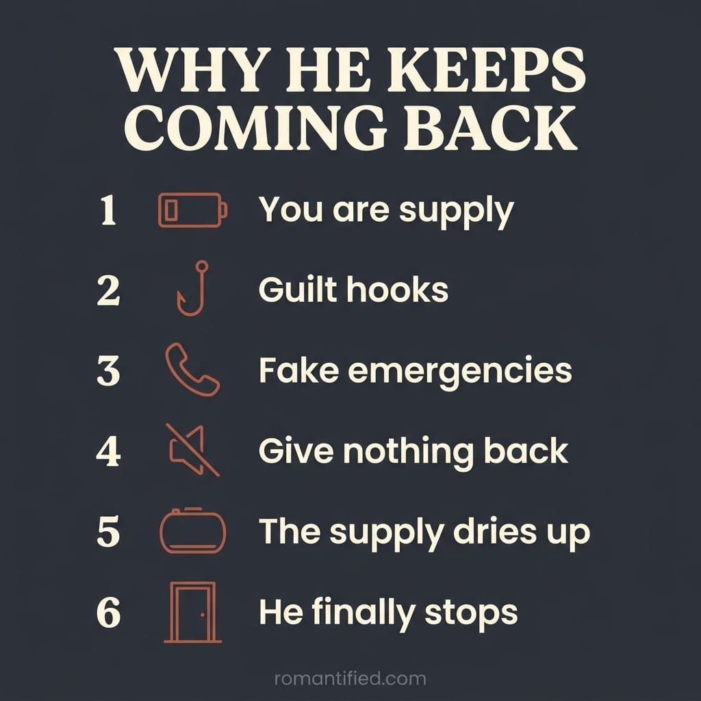Infographic overview of why a narcissist keeps coming back and what finally stops them