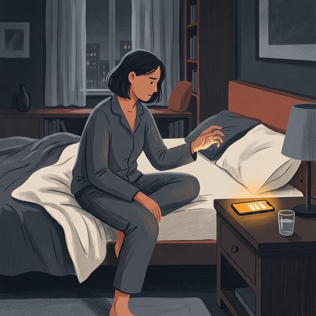 Cool-toned illustration of a woman at night resisting the urge to answer her lit-up phone