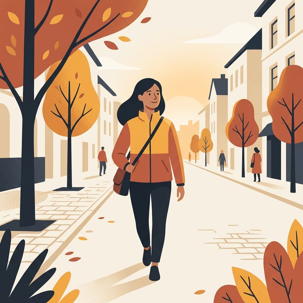 Warm illustration of a woman walking a bright morning path, moved on and free