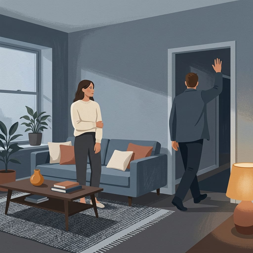 A man turning his back and waving off a calm, unanswered woman