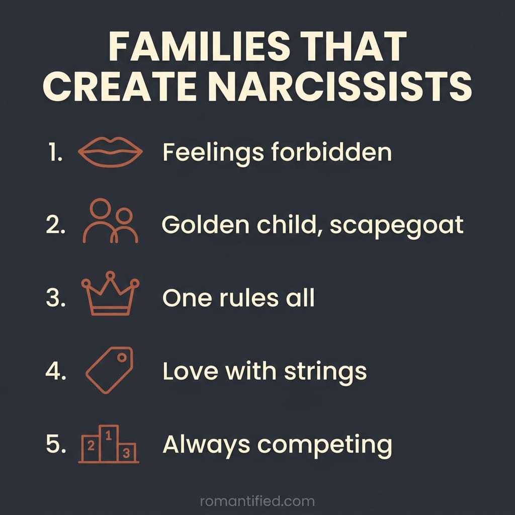 Overview infographic listing the five family backgrounds that tend to create narcissists, shown as small icons with short labels.
