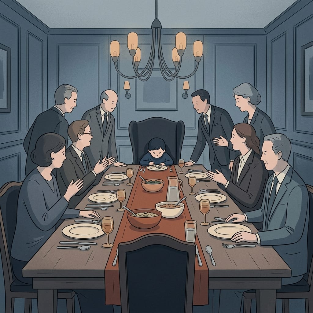 A young child sitting small and unseen at a large family dinner while stiff, cool adults talk past them.
