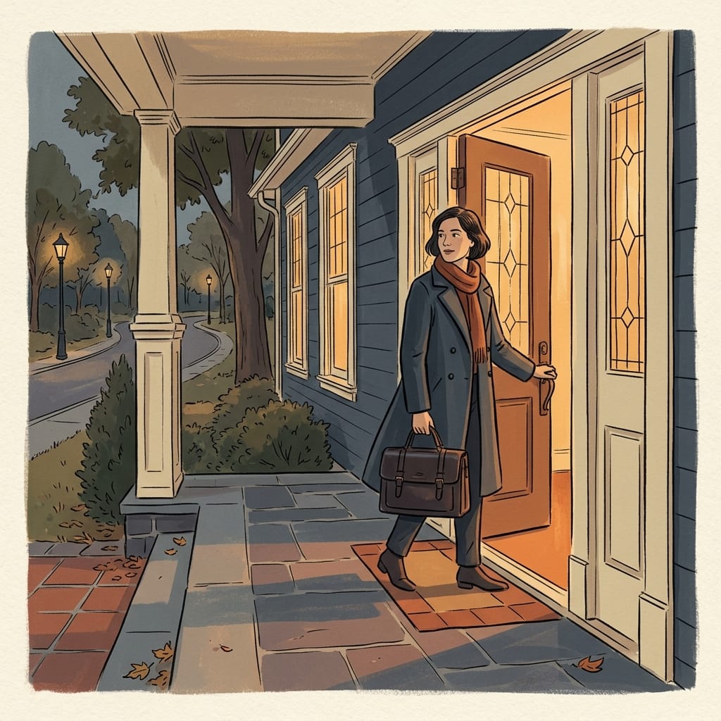 A woman walking out of a formal front door into warm evening light, glancing back once with clear resolve.