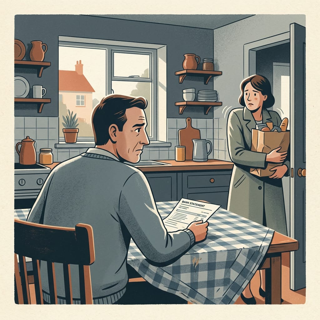 A husband making a pointed comment as his wife returns home