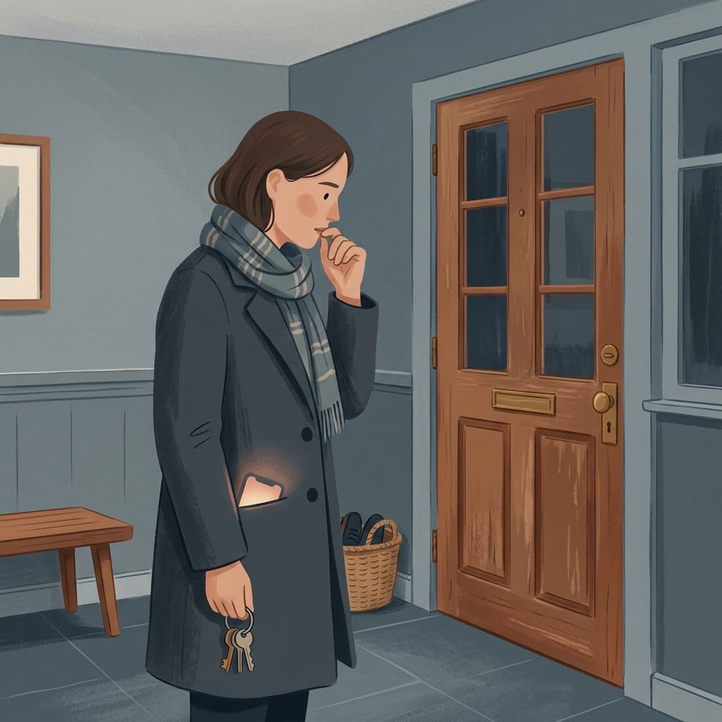A wife hesitating at the front door, rehearsing an explanation