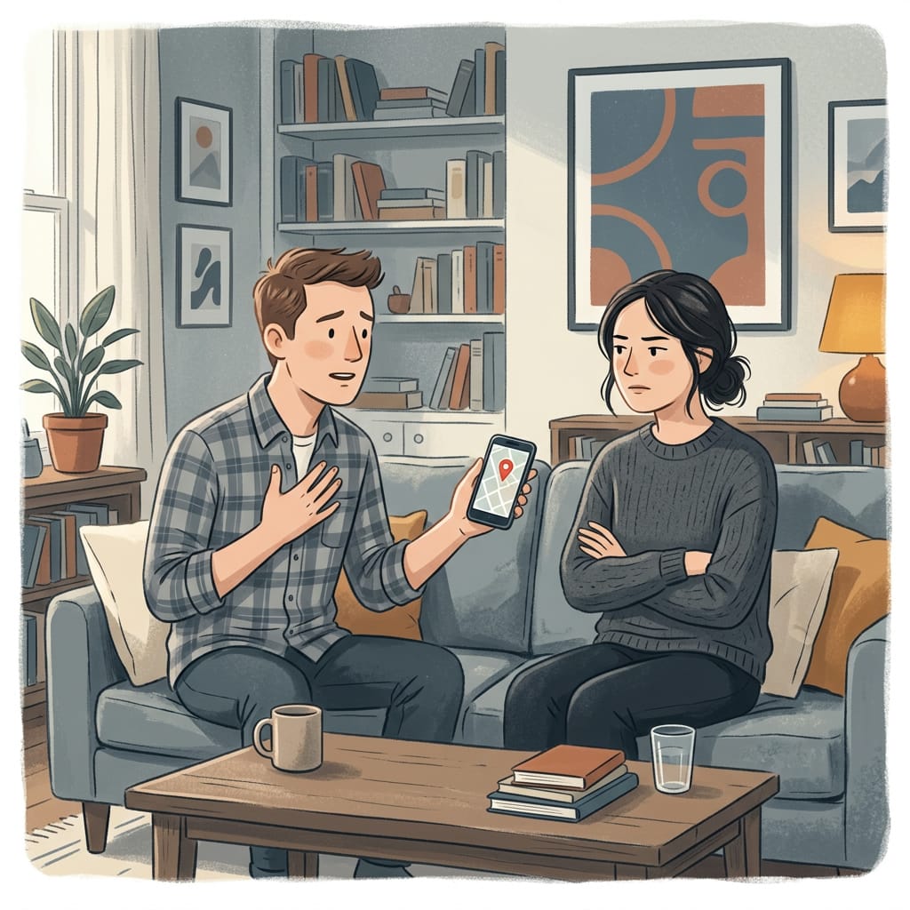 A husband feigning concern while holding a phone with a map