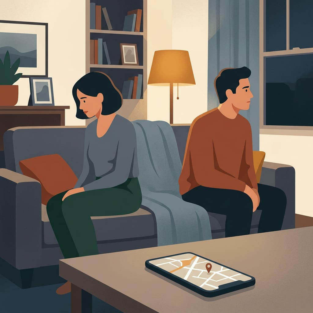 A phone showing a location map while a couple sits apart