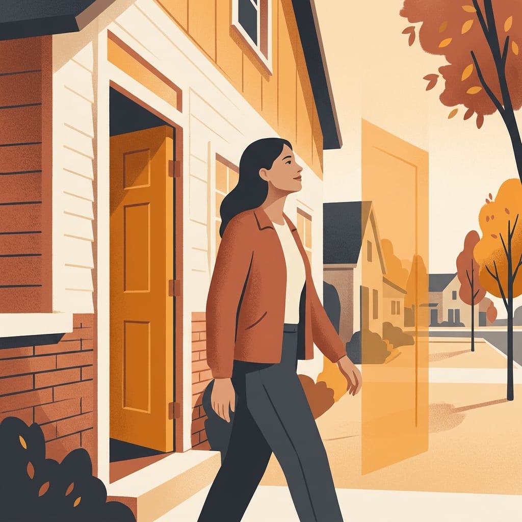A woman stepping out of her front door into warm daylight
