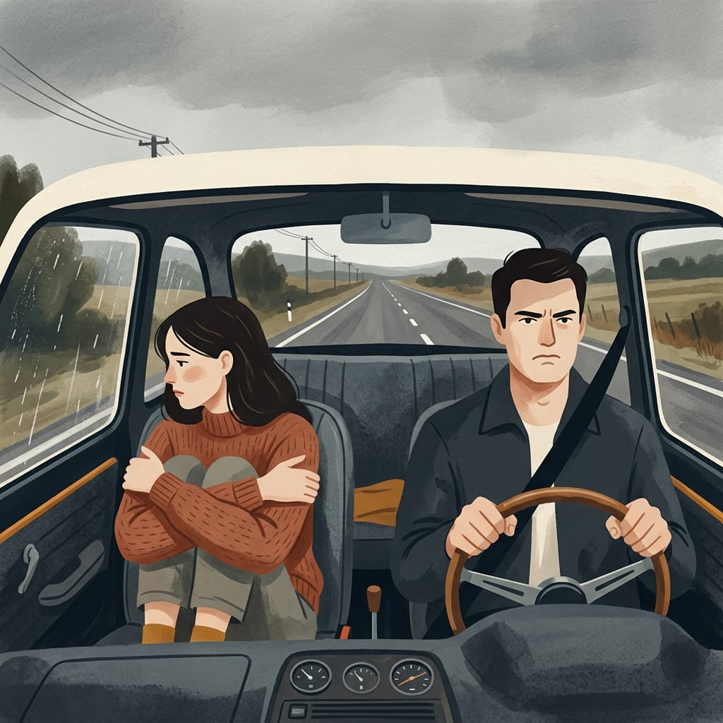 A tense silent car ride with a narcissist