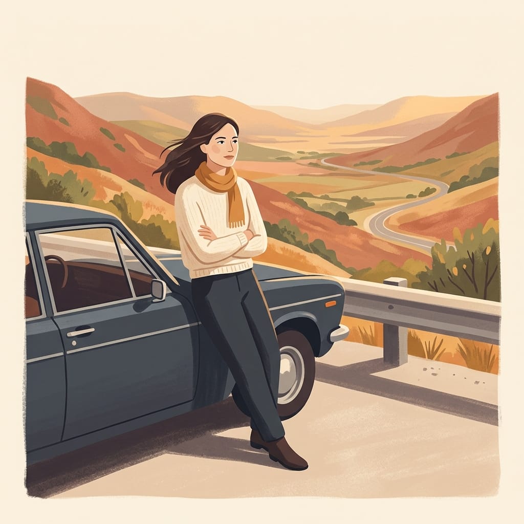 A woman at a sunlit rest stop looking clear and resolved