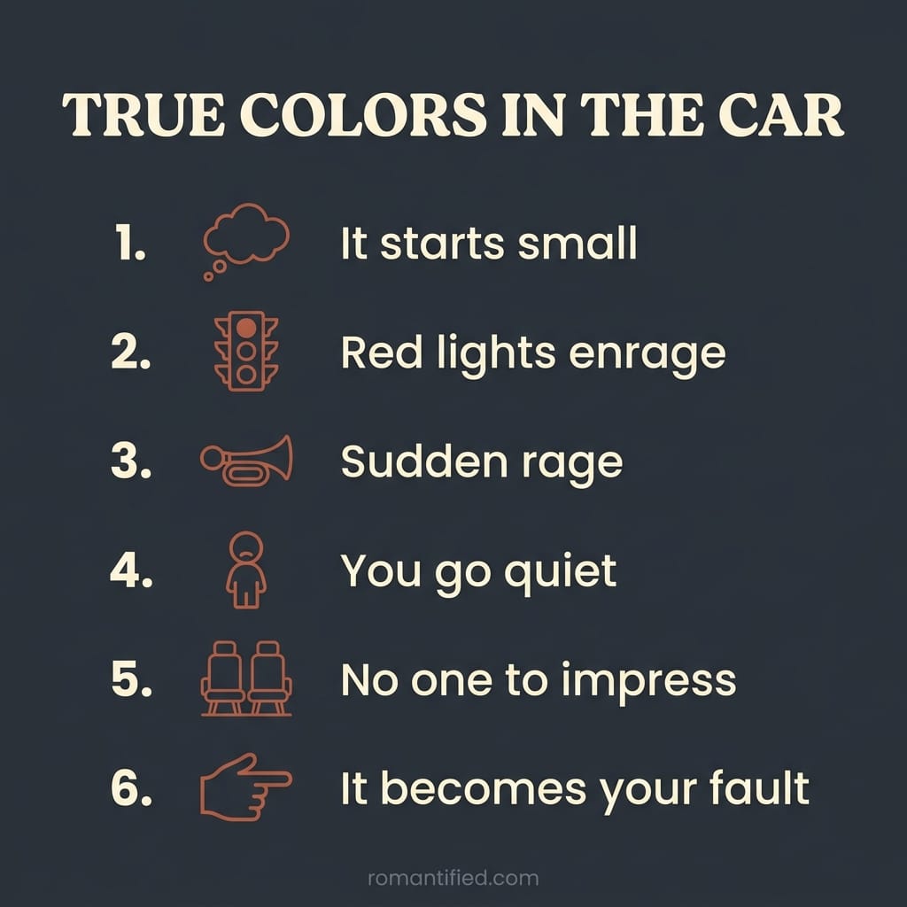 Infographic overview of a narcissist's true colors in the car