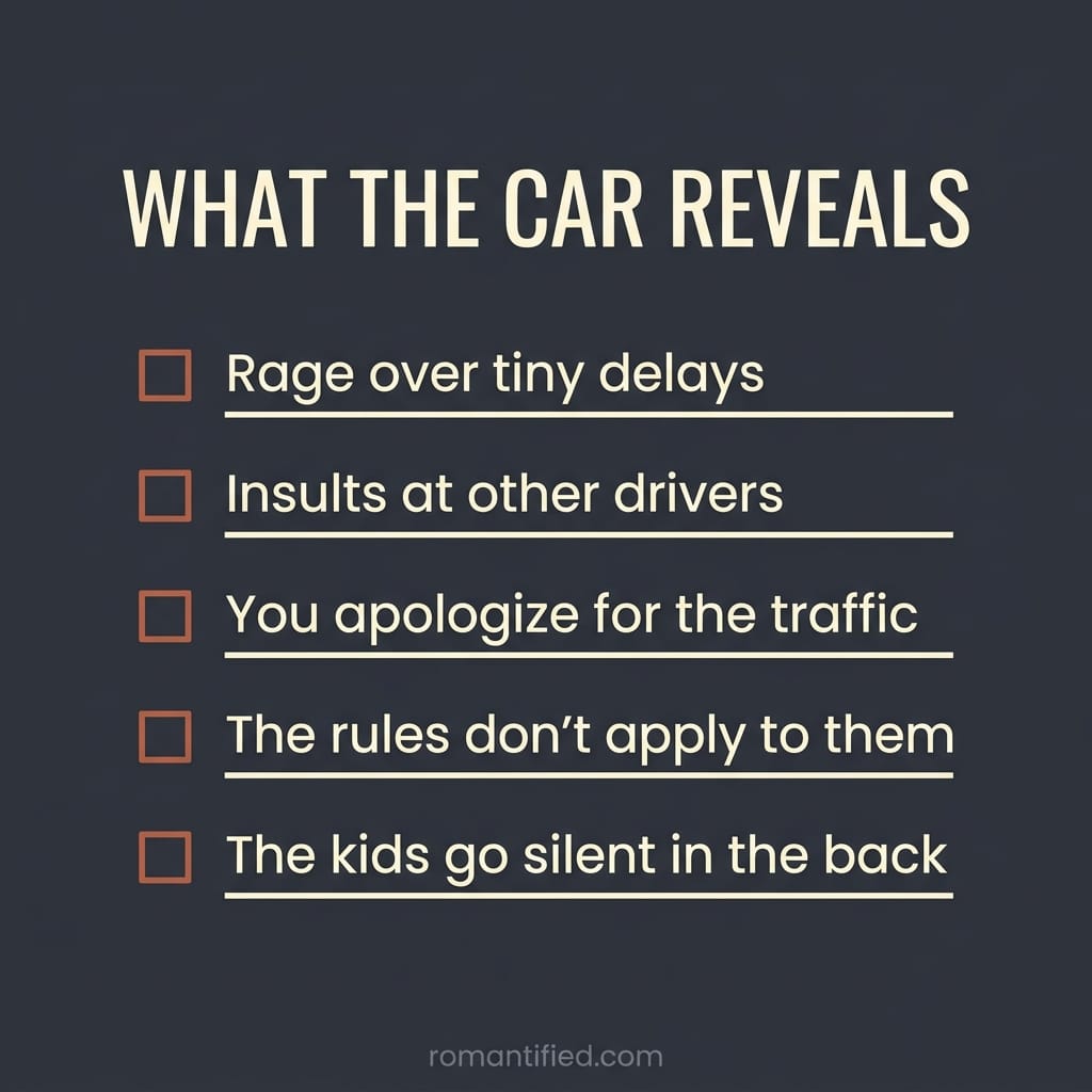 Detail checklist infographic of what the car reveals about a narcissist