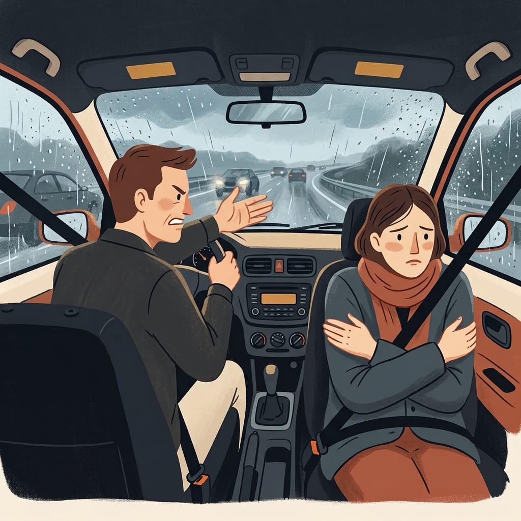 Cool-toned illustration of a woman shrinking in the passenger seat while the driver rages at traffic