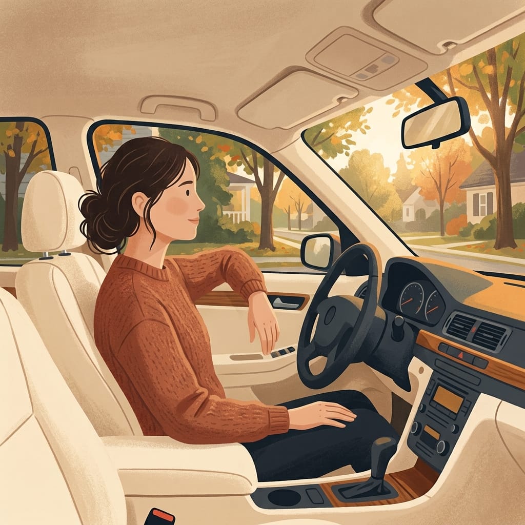 Warm illustration of a woman calm and in control alone in the driver's seat of her own car