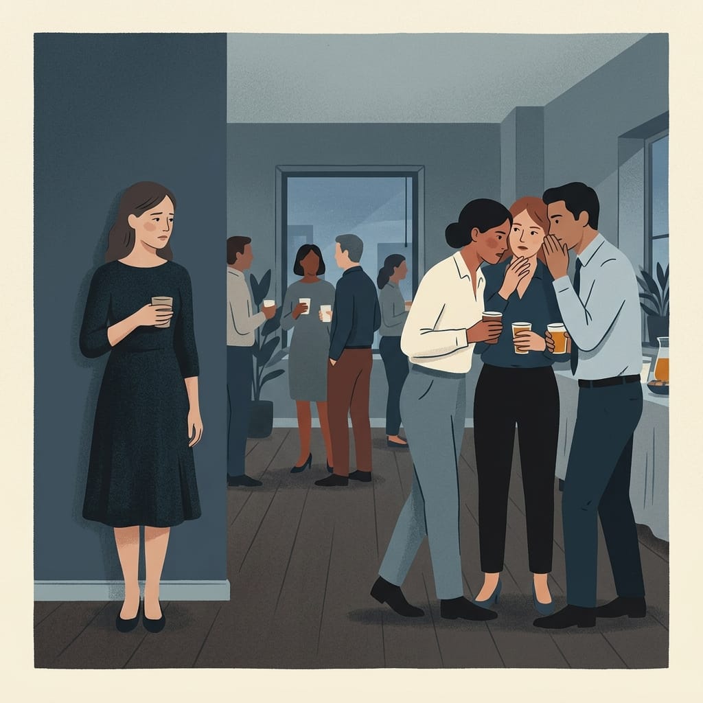 A woman watching friends grow cold toward her