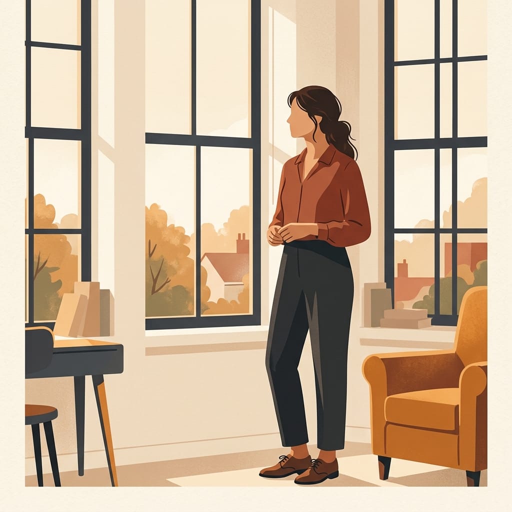 A woman standing calm and composed in soft light