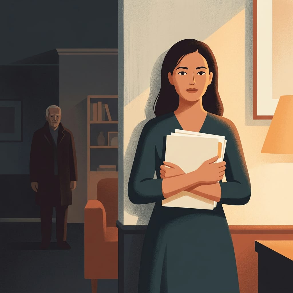 A woman calmly keeping her own papers close, composed and clear-eyed