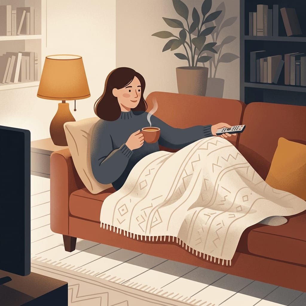 A woman laughing at her phone over morning coffee