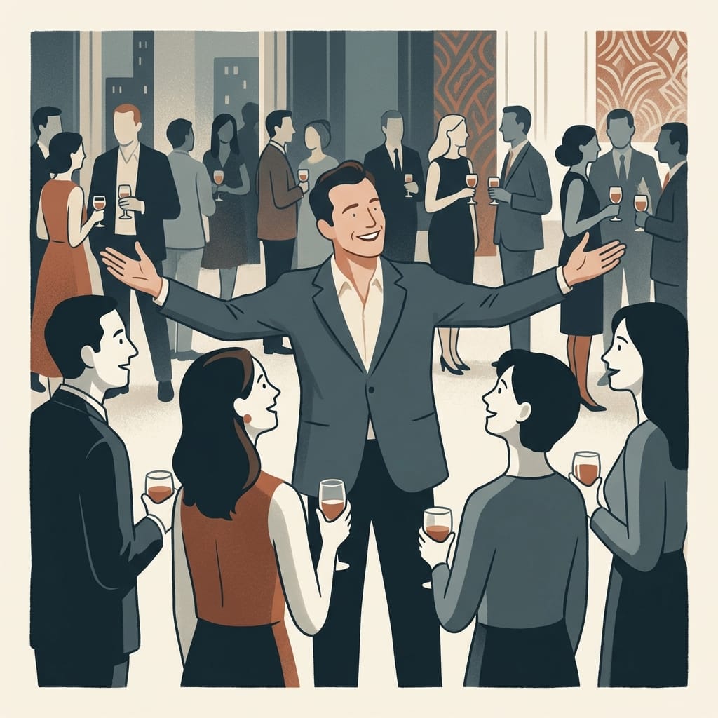 A narcissist performing and charming a room