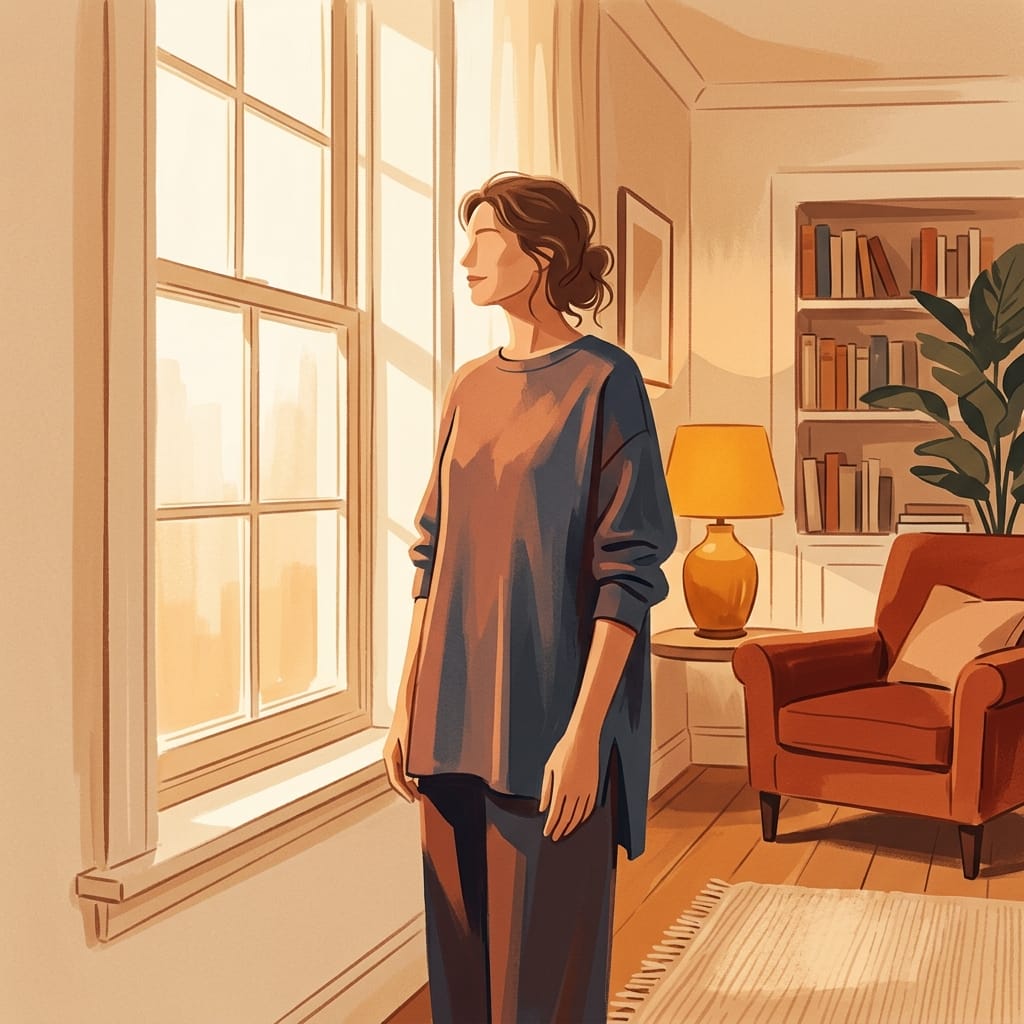 A woman standing tall and warm in soft light