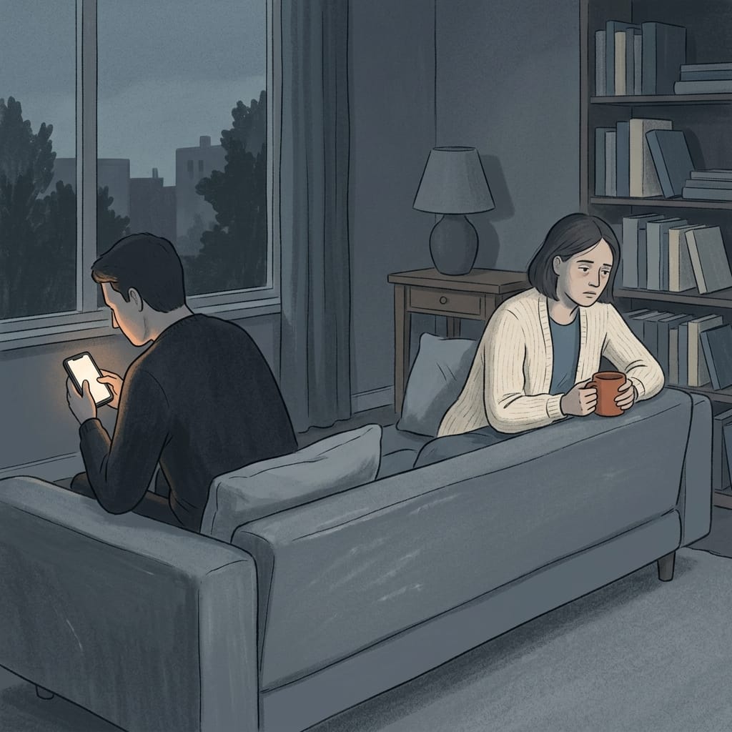 A couple sitting in tense silence at home