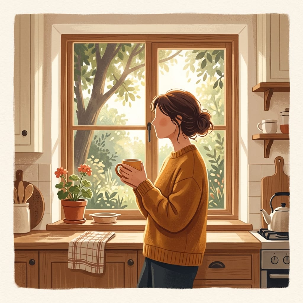 A woman finding calm alone in her kitchen