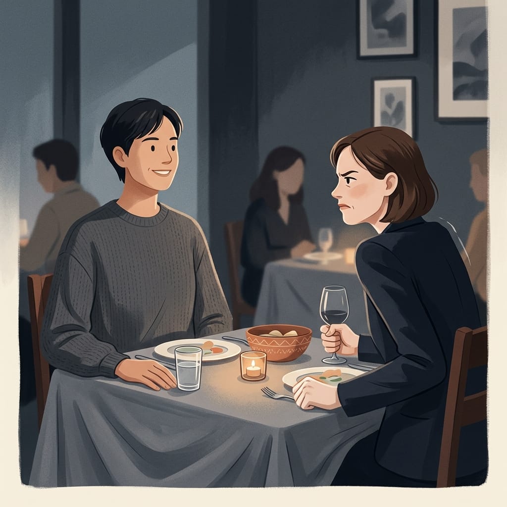 A person sitting up straighter and brighter while a partner stiffens