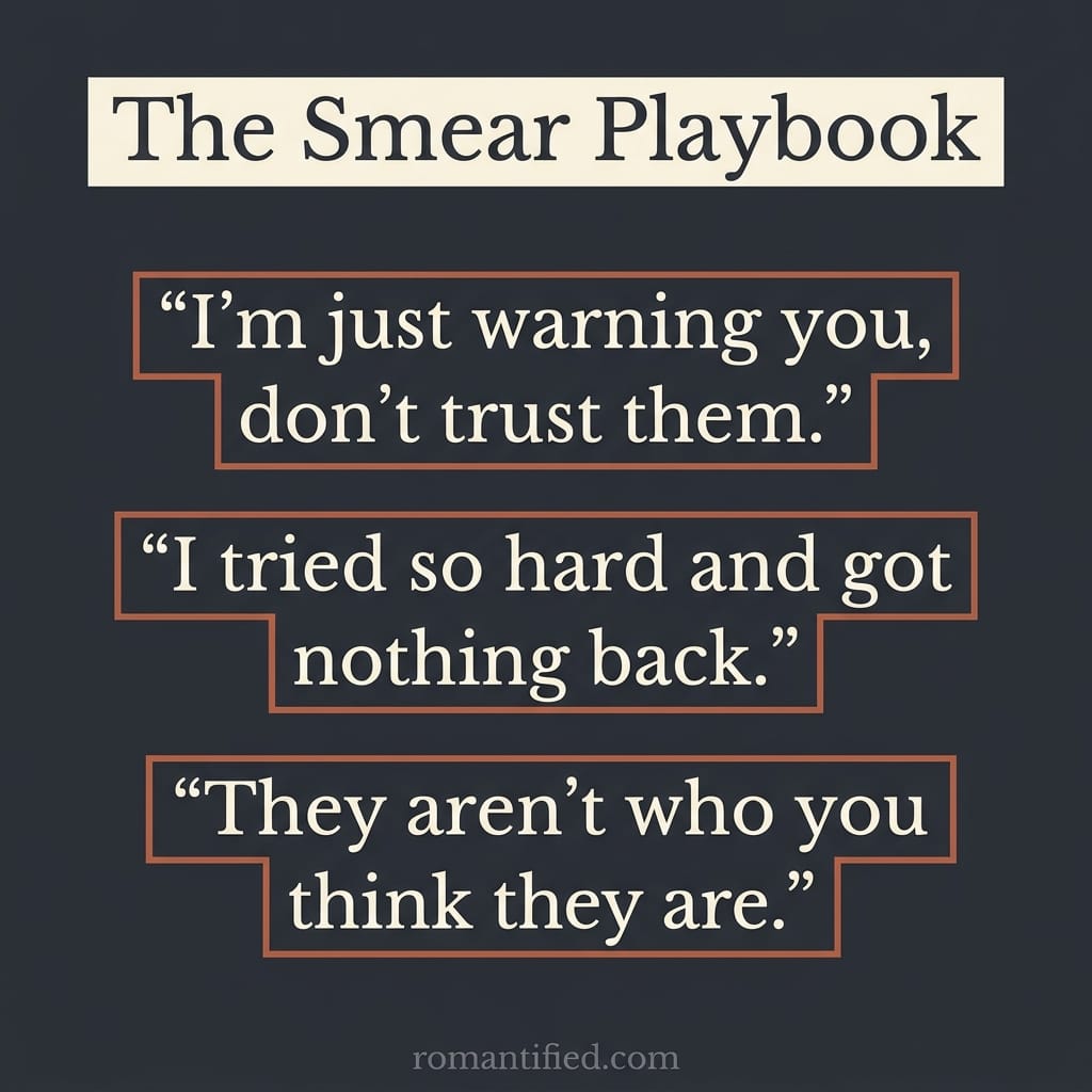 A grid of smear campaign lines a narcissist tells others