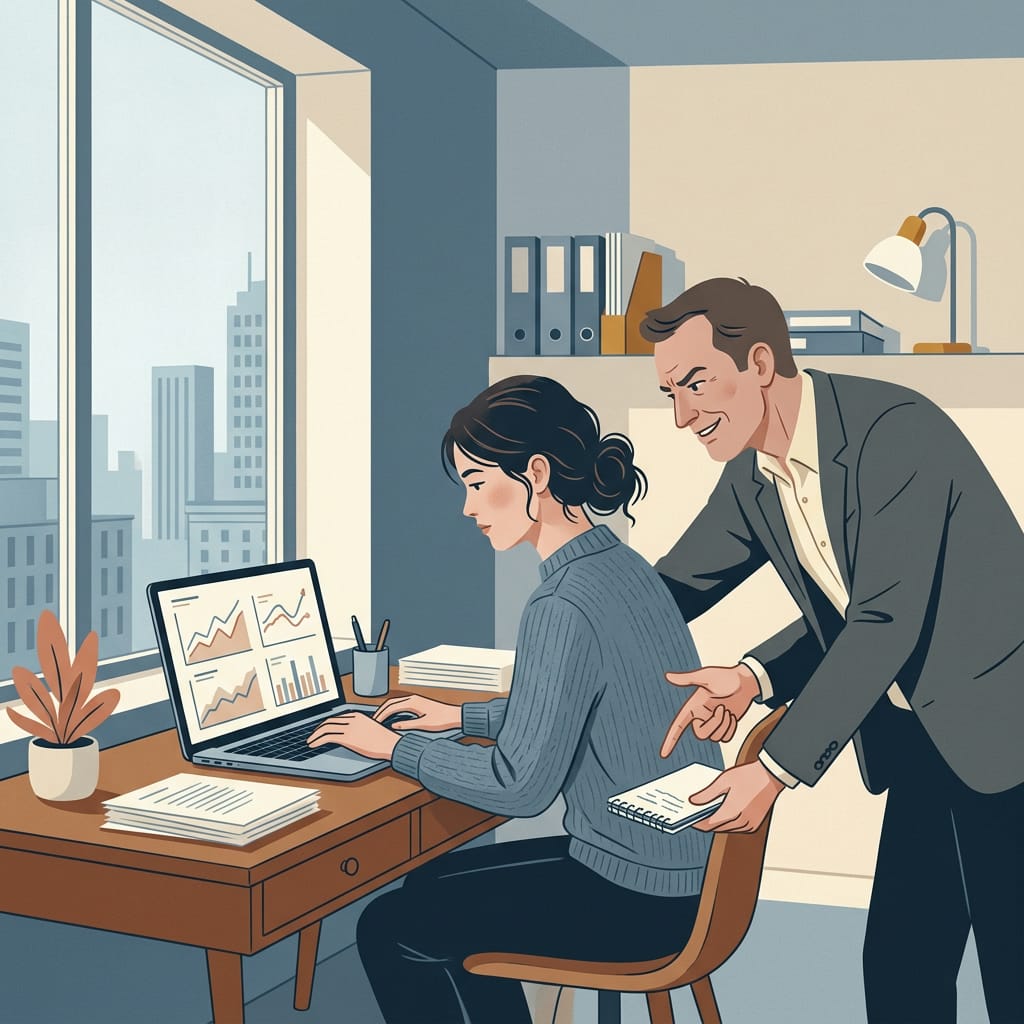 A person calmly succeeding at work while a partner mocks them
