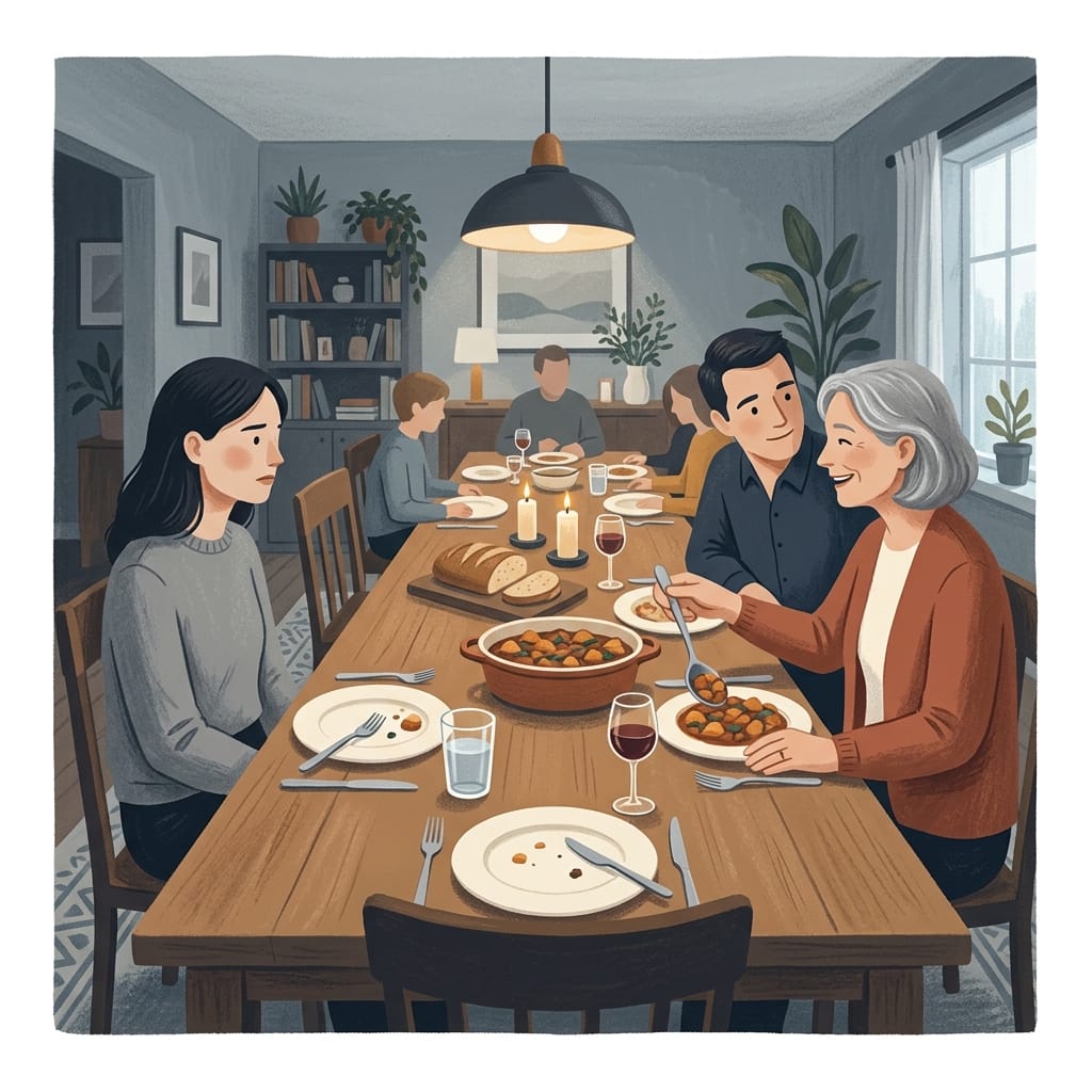 Cool-toned illustration of a wife sidelined at a family dinner while husband and his mother lean toward each other
