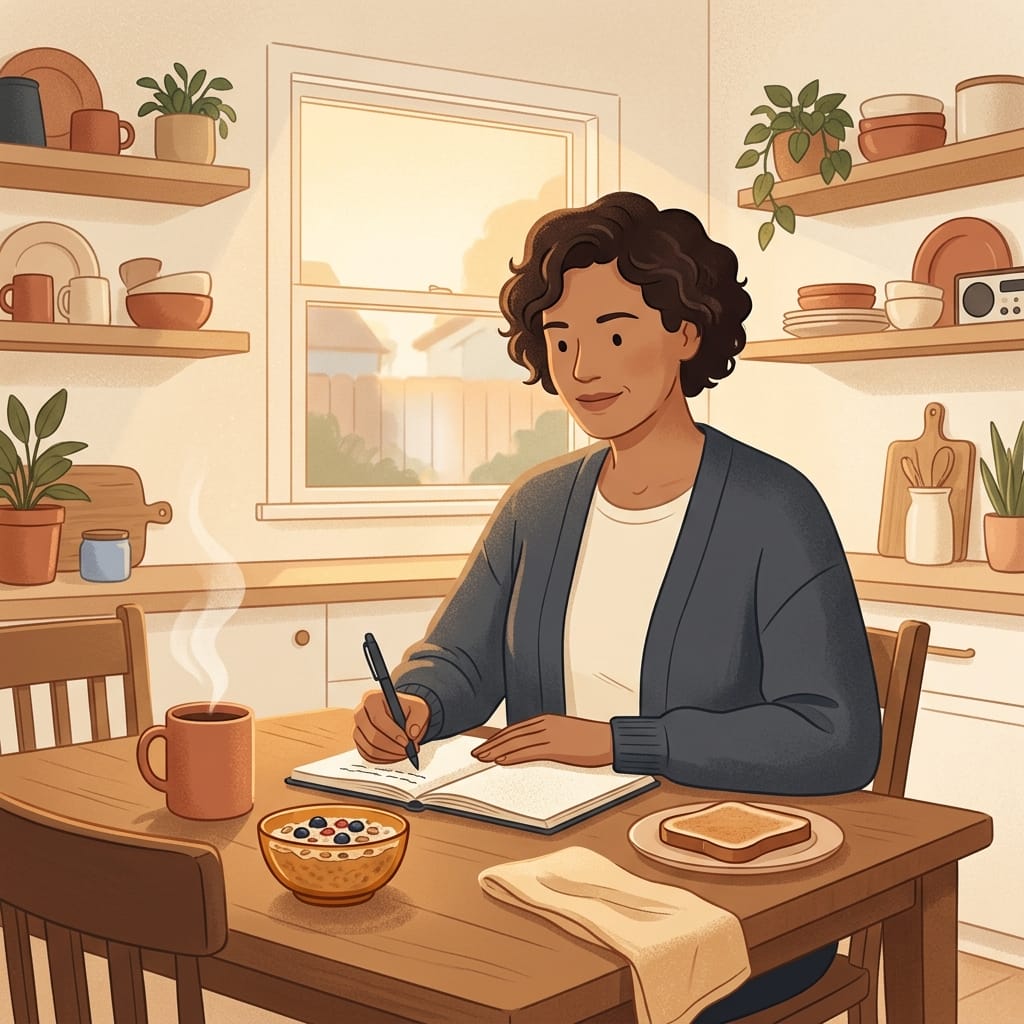 Warm illustration of a woman calmly settled at her own kitchen table, home finally her own