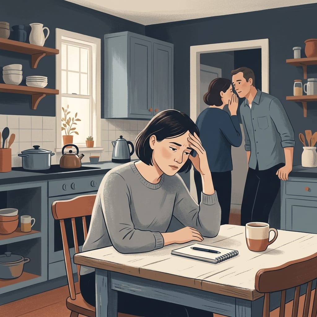 A person alone at the kitchen table doubting themselves