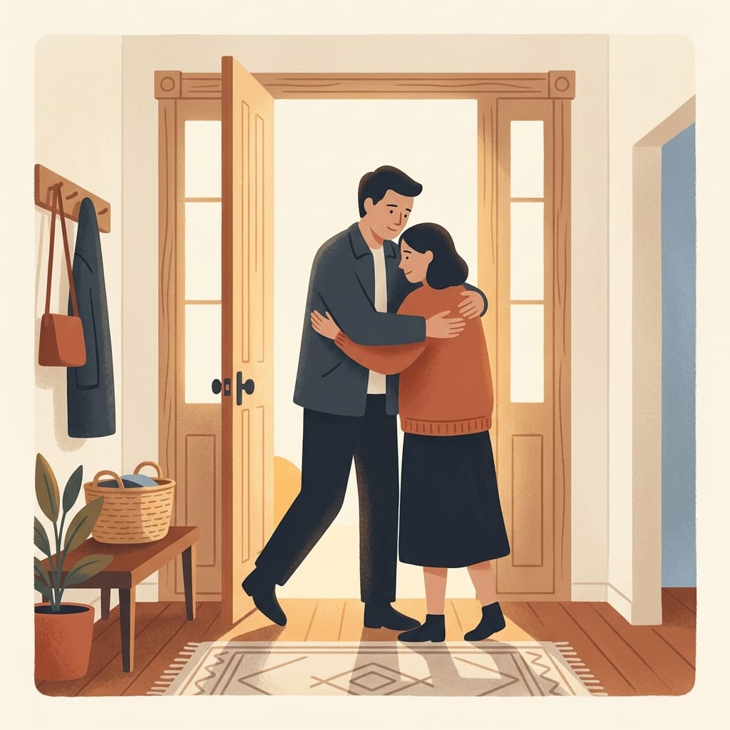 A sibling quietly returning to embrace the person in warm light