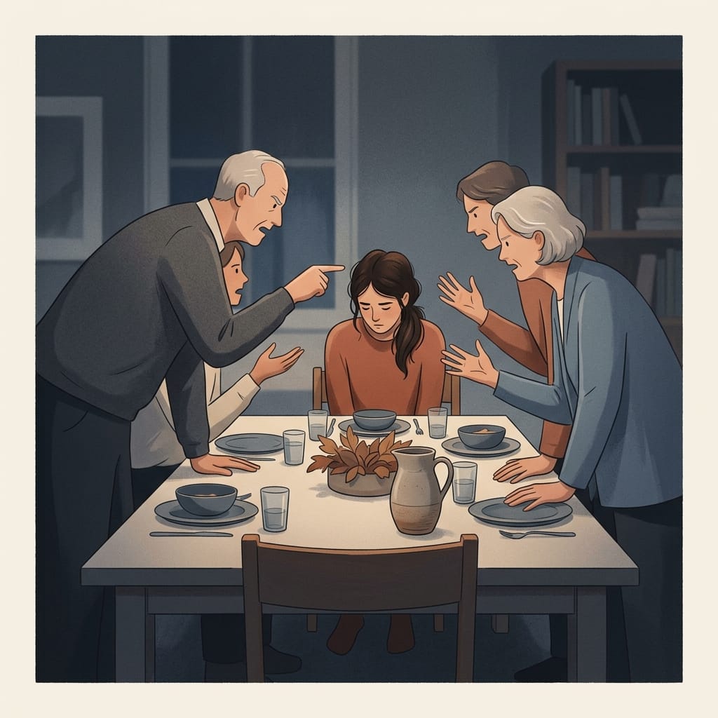 A family directing blame at one seated young woman at the table