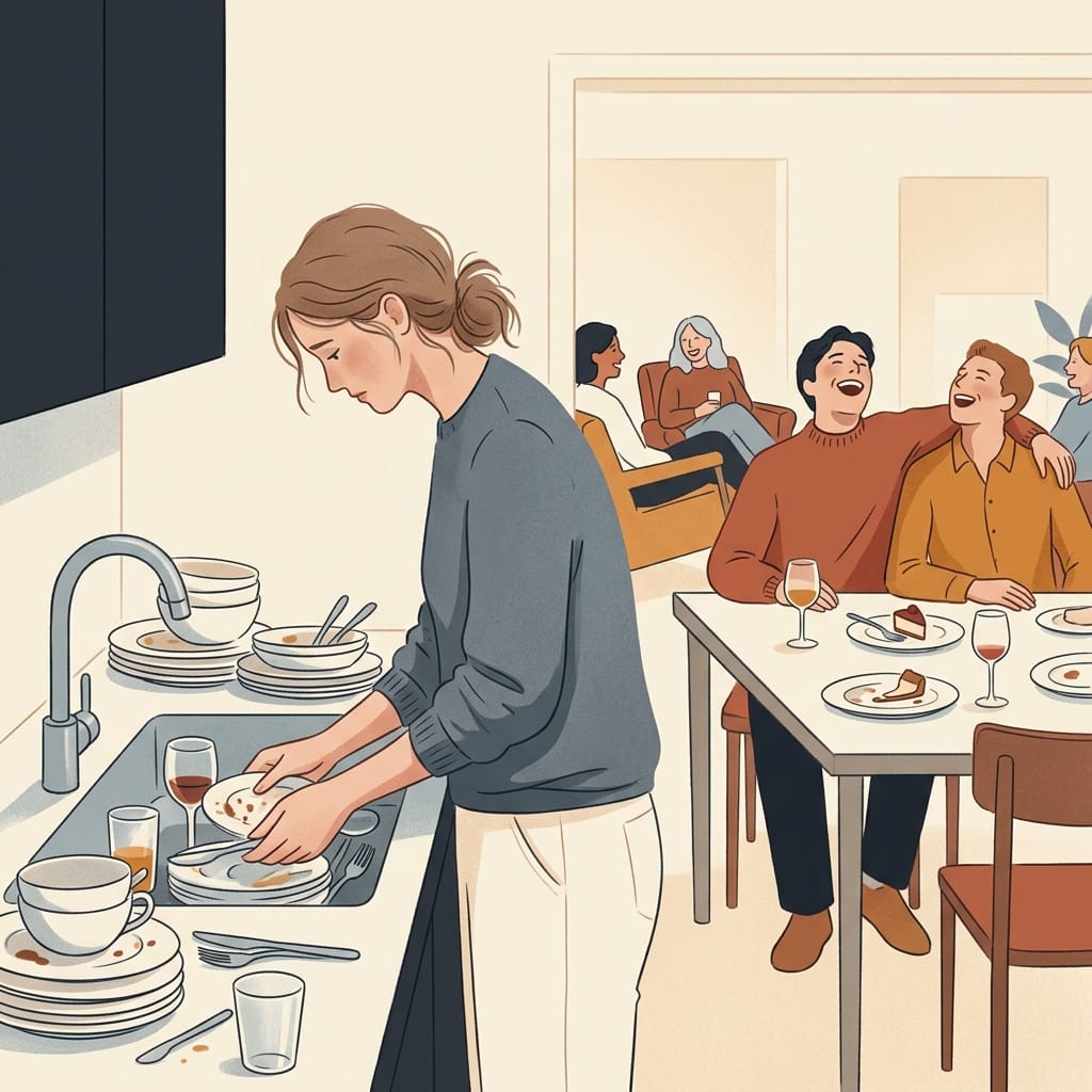 A woman shouldering the tension alone while others relax nearby