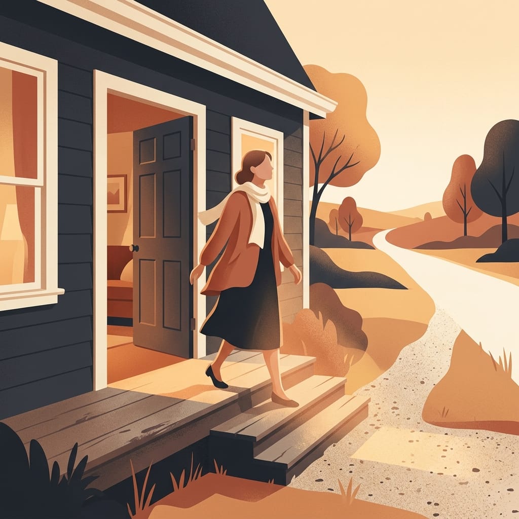 A woman stepping out the front door into warm morning light