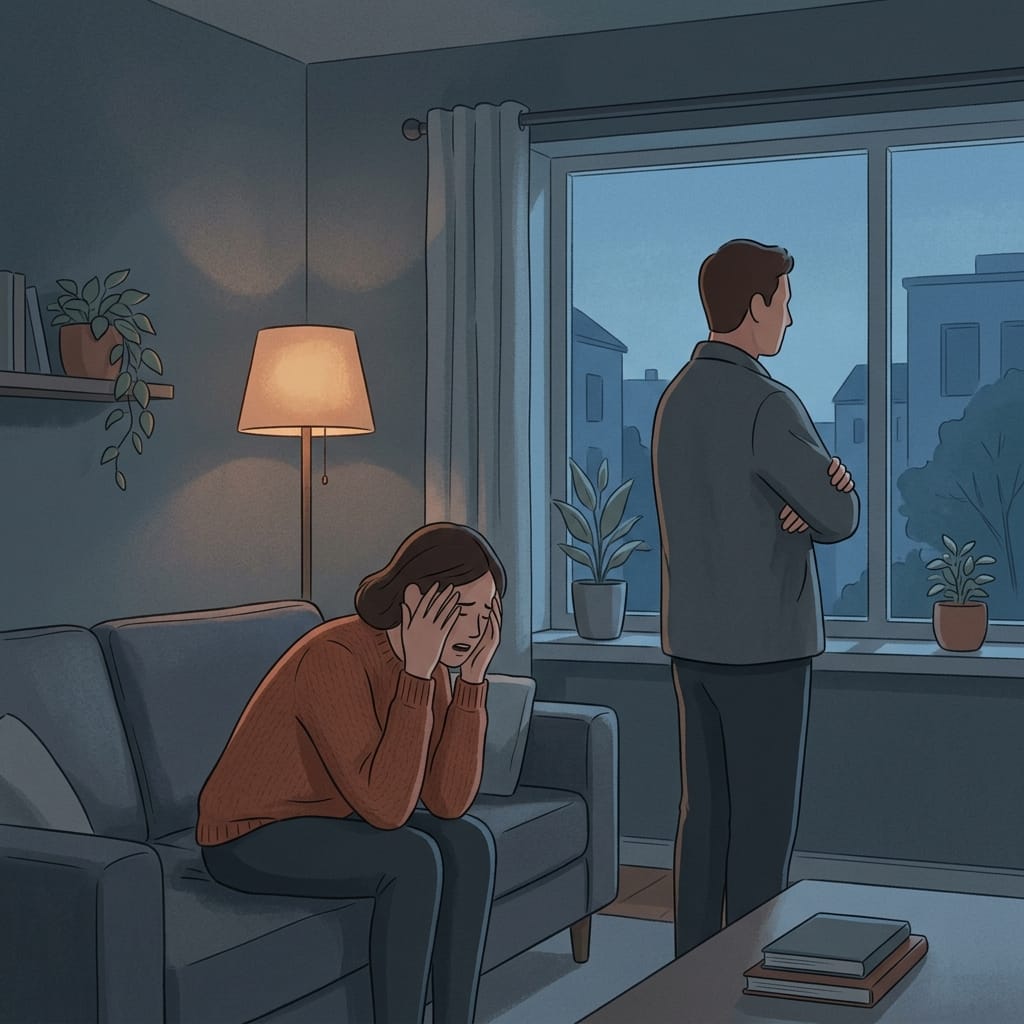 A woman sitting upset with her head in her hands while her partner turns away from her, cold and dismissive, in a dim living room.