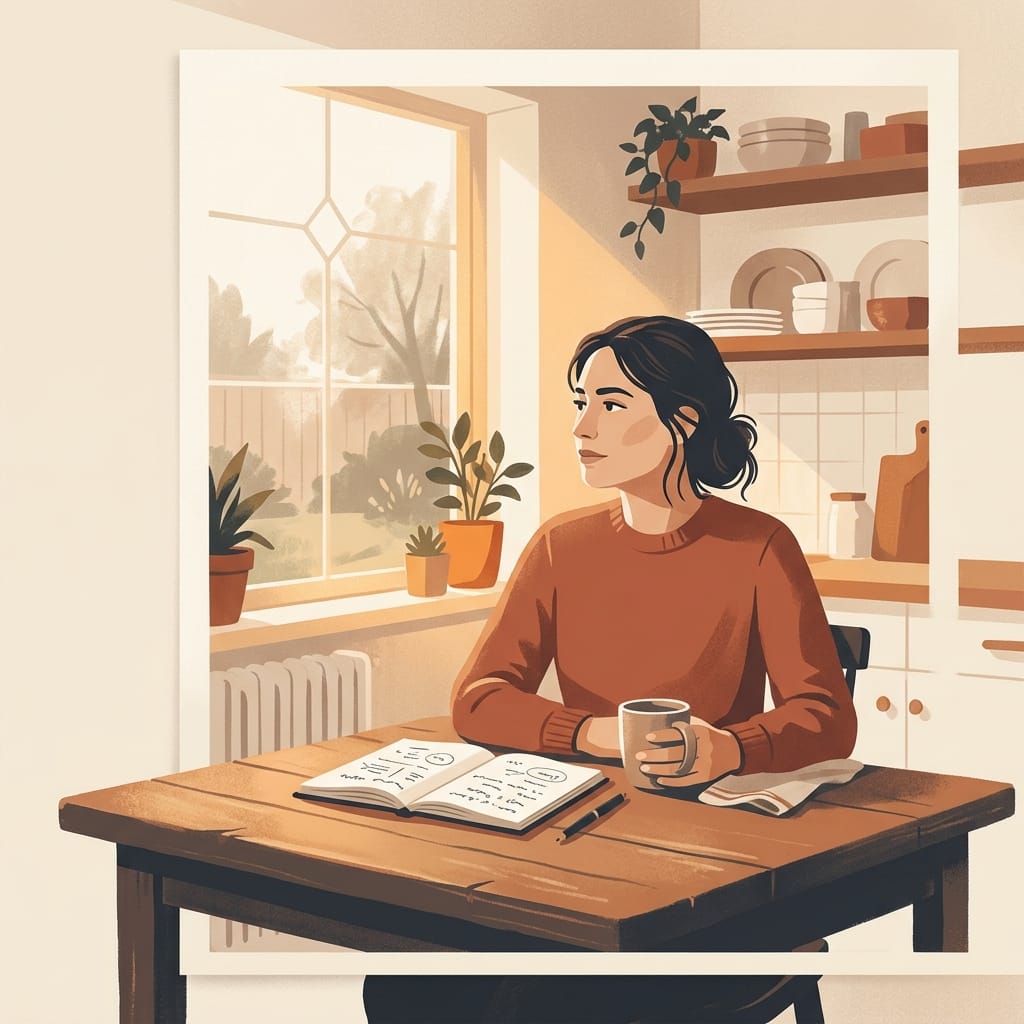 A woman sitting at a kitchen table in warm morning light, calm and clear eyed as she finally understands the pattern.