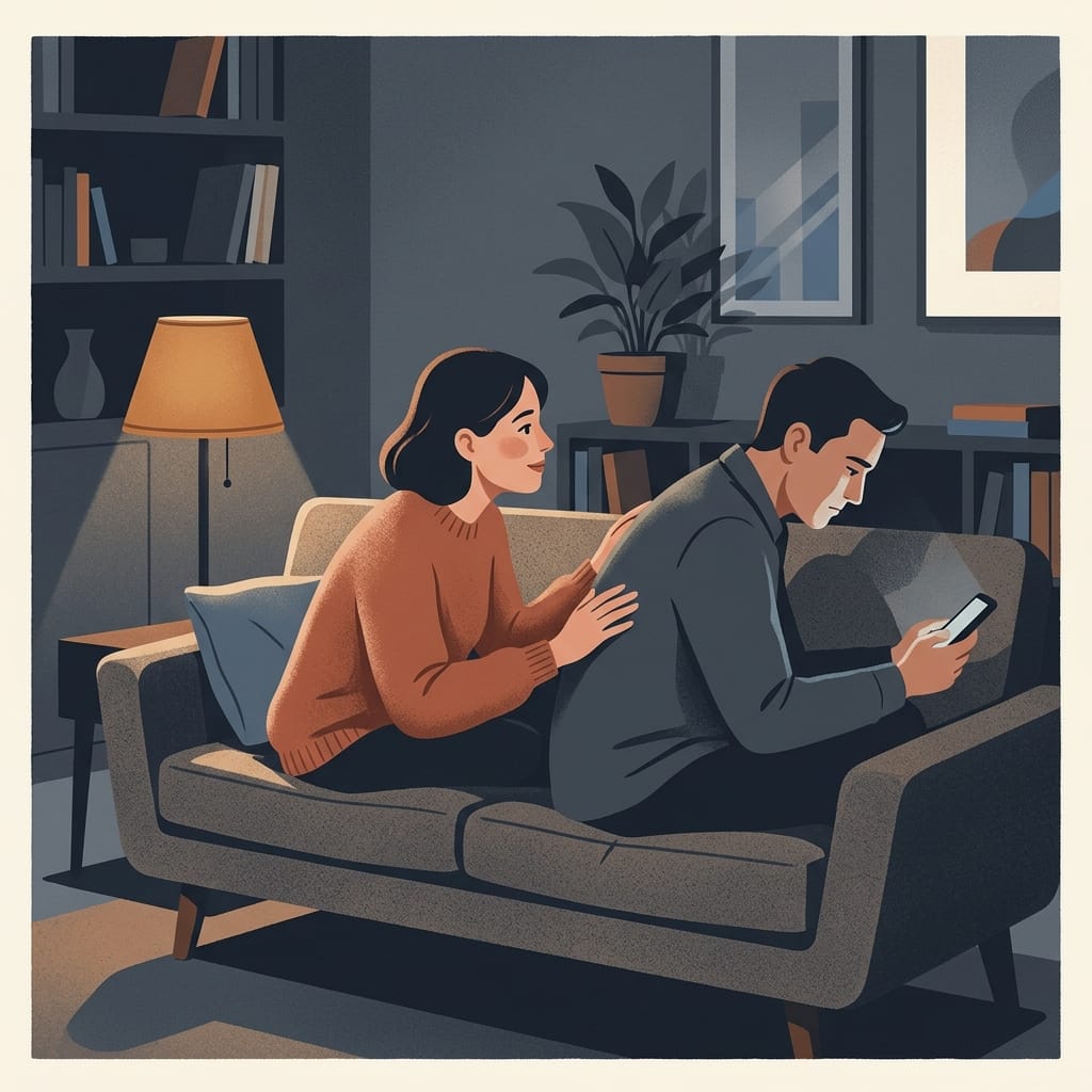 A super empath giving comfort to a cold, distracted partner who looks away